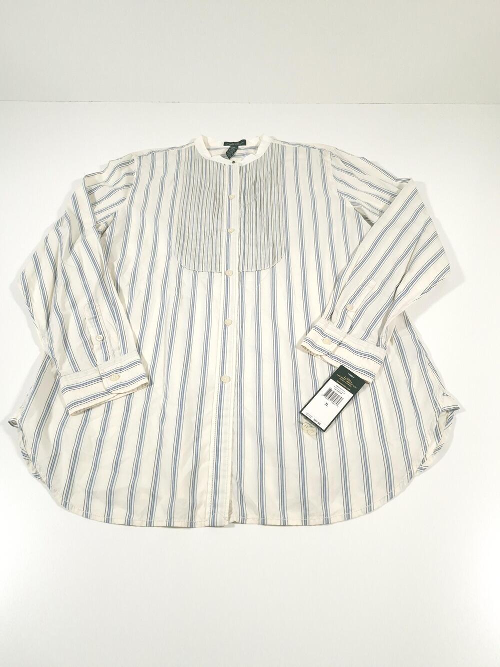 Lauren Jeans Co Shirt Womens XL White Blue Stripe Pleated Bib Tunic Long Sleeve